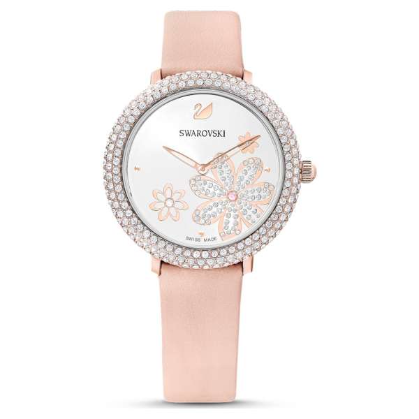 Swarovski Crystal Frost karóra, bőrszíj, rózsaszín, rozéarany árnyalatú PVD