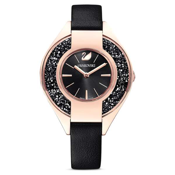 Swarovski Crystalline Sporty karóra, bőrszíj, fekete, rozéarany árnyalatú PVD