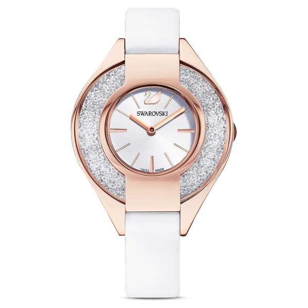 Swarovski Crystalline Sporty karóra, bőrszíj, fehér, rozéarany árnyalatú PVD