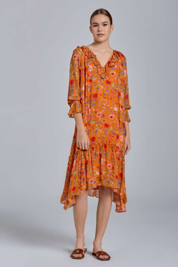 RUHA GANT D2. WILD FLORAL FLOUNCE DRESS RUSSET ORANGE