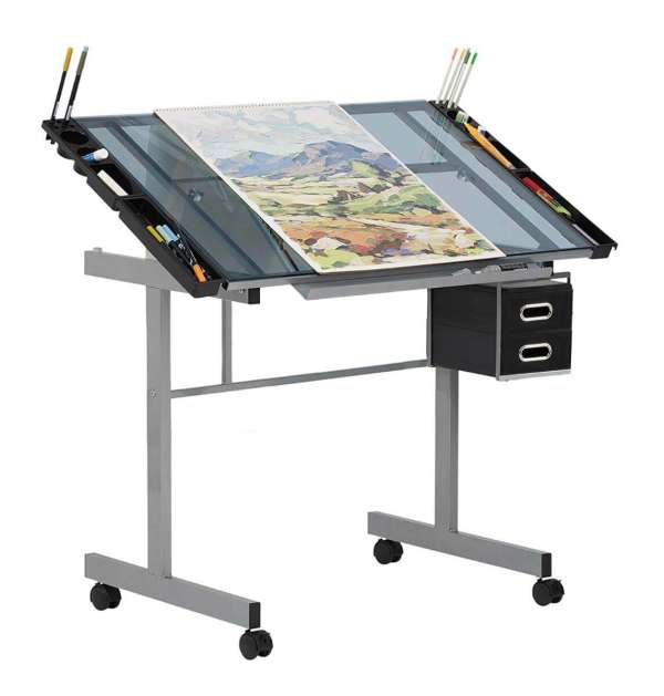 Tervező asztal dönthető,üveg asztallappal