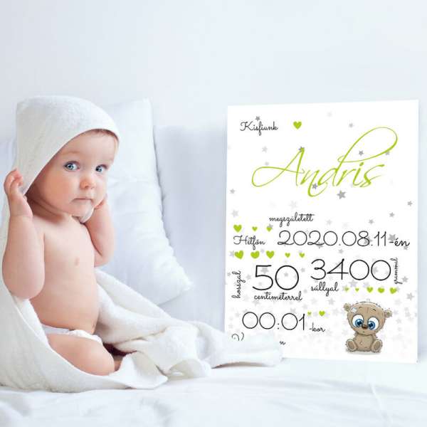 Ajándék - Tábla az újszülött adataival