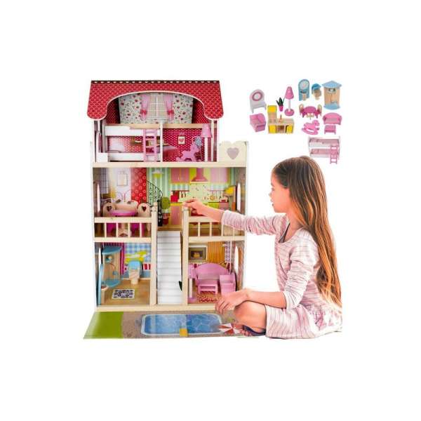 3 szintes fából készült úszómedencés babaház 5 szobával, teljes berendezéssel, 59×29×90 cm méretben