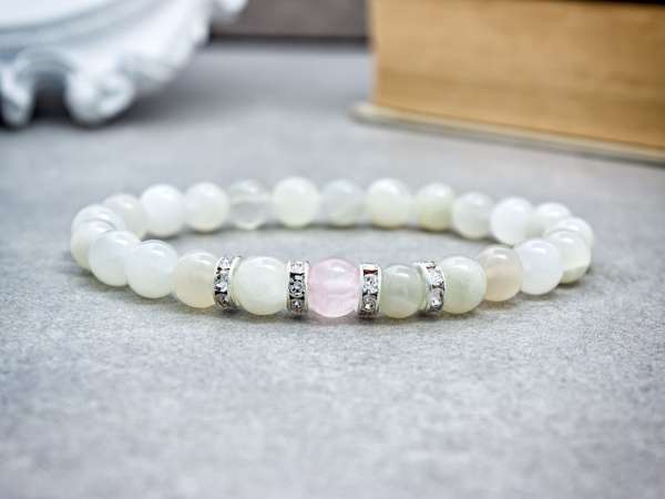 Termékenység segítő rózsakvarc és holdkő ásvány karkötő