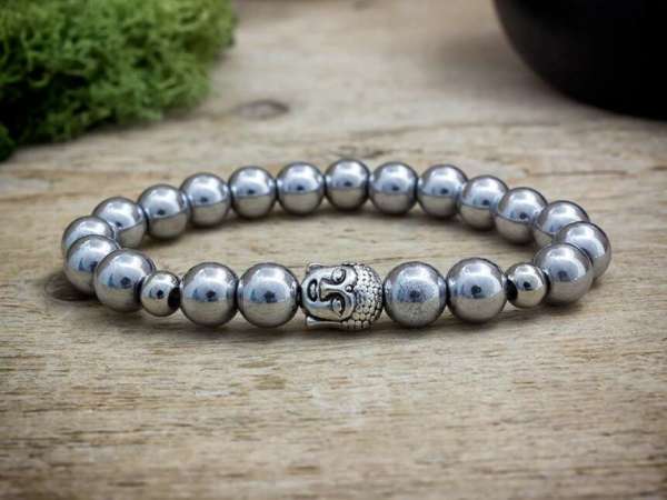 Buddha ezüst hematit ásvány karkötő