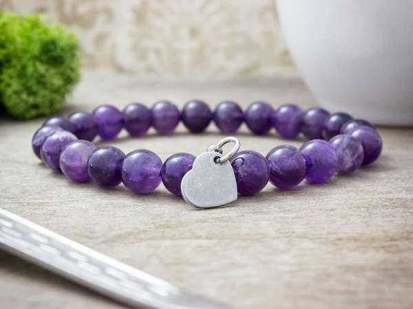 Gravírozható szív acél medálos ametiszt ásvány karkötő