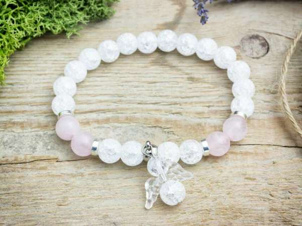 Angyali Amor rózsakvarc és hegyikristály ásvány karkötő