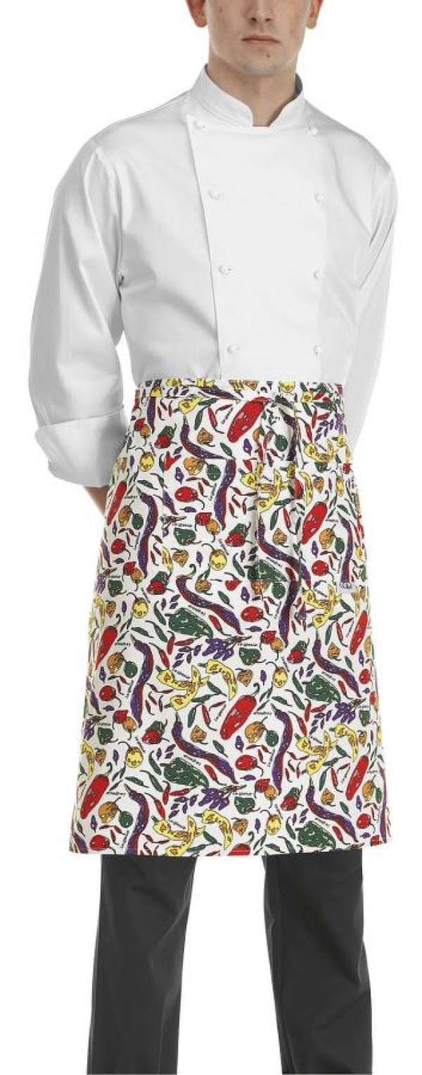 Szakácskötény rövid EGOchef - fehér paprika minta zsebbel