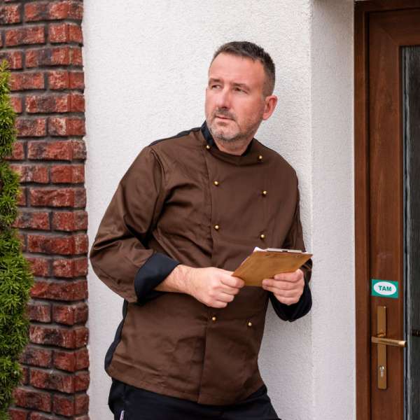 Szakácskabát EGOchef - barna panellel