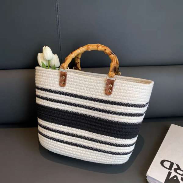 Bohém Raffia rattan táska - Fekete-fehér