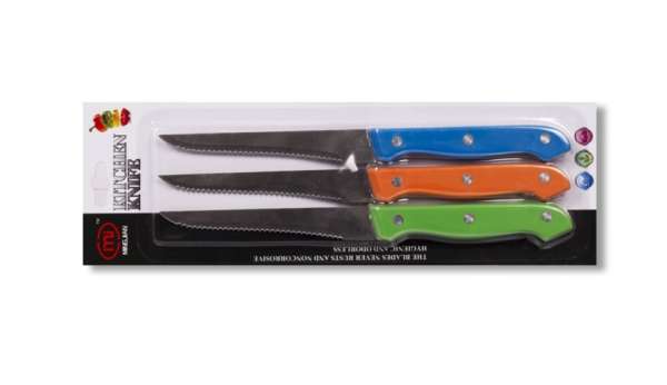 3 részes színes műanyag nyelű recés élű steak kés szett