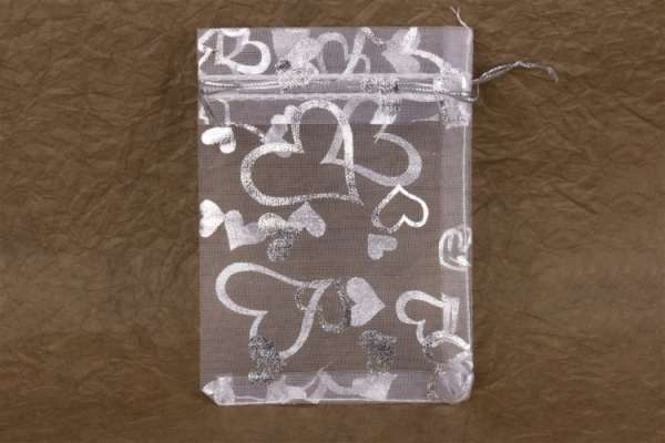 12 db ezüst szívecskés organza tasak 9*12 cm