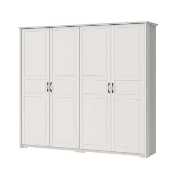 Négyajtós gardróbszekrény, polccokkal és akasztókkal, fehér fenyő - NORDIC - Butopêa
