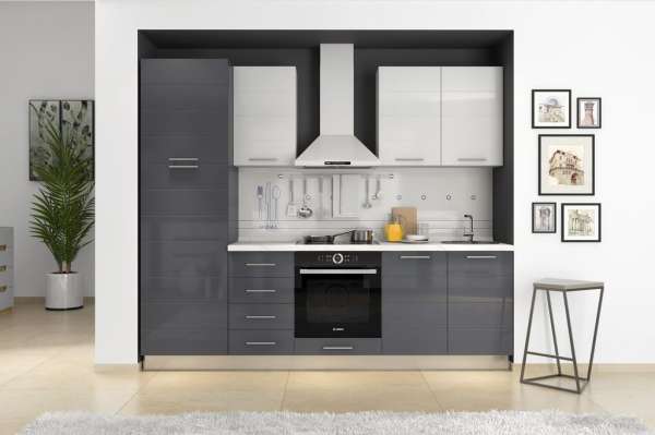 Konyhablokk 255 cm, magasfényű szürke-fehér  - SIMPLICITE - Butopêa