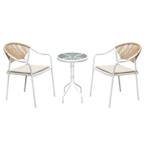 Műrattan kertibútor szett, 2 székkel, párnákkal, fehér, bézs - BALCON - Butopêa