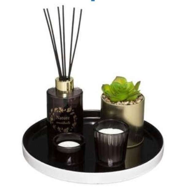 Illatósító ajándékszett tálcával és műnövénnyel, pacsuli ilattal, fekete – ZENITUDE - Butopêa
