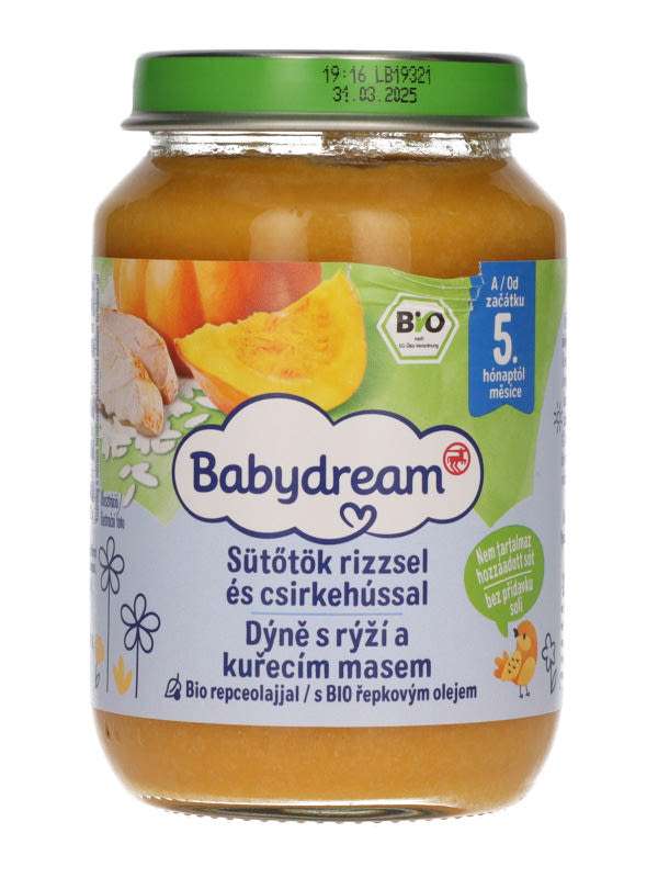 Babydream Bébiétel Sütőtök, Rizs, Csirkehús Ízesítéssel 4H/5 Hónapos kortól - 190 g