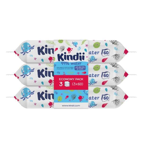 Kindii Pure Water 99% nedves törlőkendő 3x60 db - 180 db